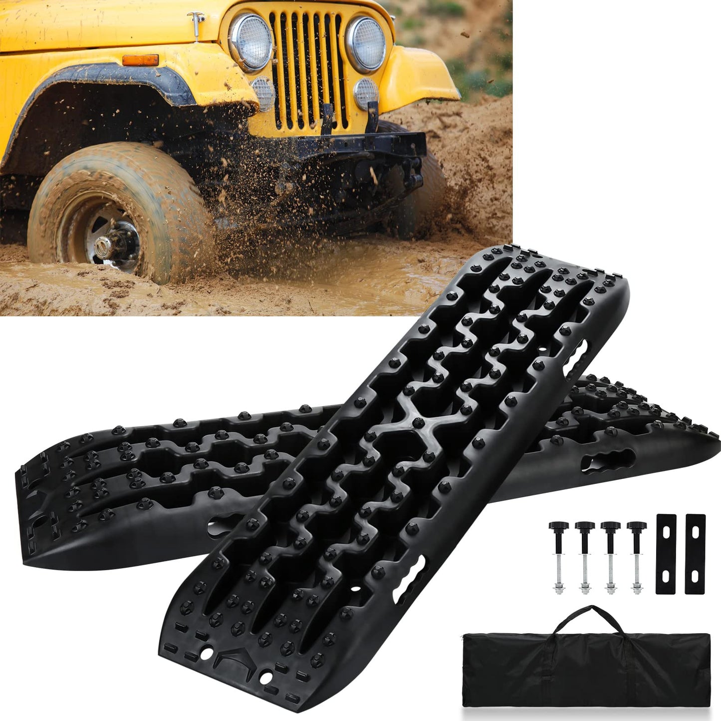Ansobea traction aid off-road, 2 pieces recovery board tracks mats, with fastening pins & storage bag, traction assistance grip mat for sand snow, for SUVs cars trucks.