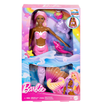 BARBIE Mermaid Doll - Inspired by the TV show "Barbie: A Hidden Magic", with color-change effect and accessories, 19 cm pink hair to style, for endless playtime, HRP98