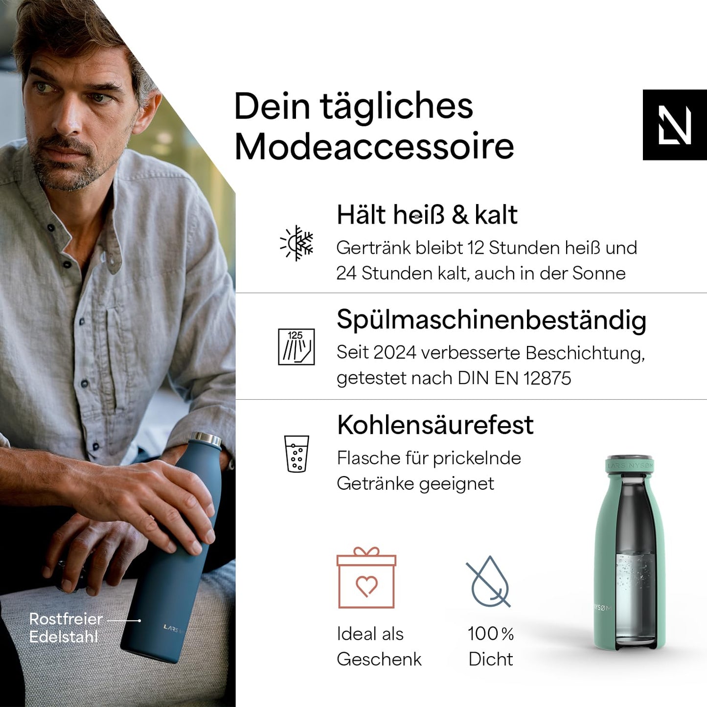 LARS NYSØM Stainless Steel Water Bottle 350ml, 500ml, 750ml, 1L, 1.5L | Insulated bottle for carbonated drinks | Leak-proof bottle for sports, outdoor, school (Aqua Turquoise, 350ml)