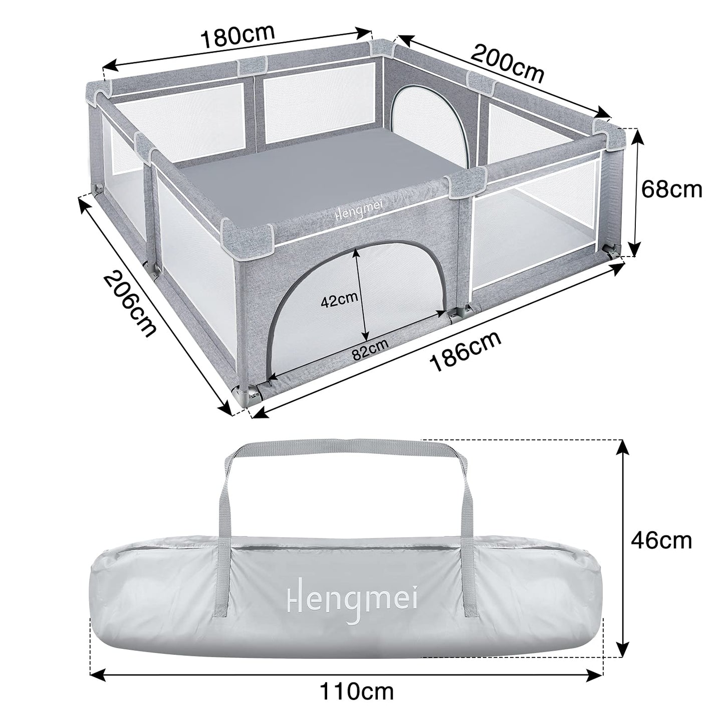NAIZY Baby Playpen XXL Playard Gray Safety Gate with Non-Slip Base and Breathable Mesh for Children Indoors and Outdoors (200 * 180 * 68cm)
