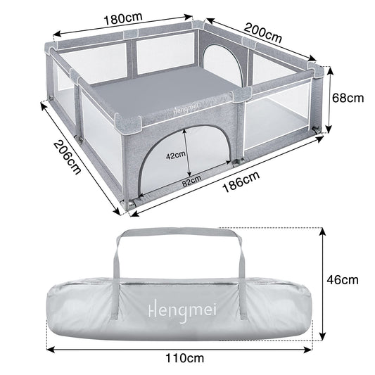 NAIZY Baby Playpen XXL Playard Gray Safety Gate with Non-Slip Base and Breathable Mesh for Children Indoors and Outdoors (200 * 180 * 68cm)