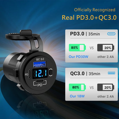 (4 in 1) PD 30W USB C 12V Socket: Switch Panel DC 12 Volt Car Type C Jack Waterproof USB Flush Mount Socket Outlet Cigarette Lighter Adapter Car Charger for iPhone Motorhome Boat Caravan
