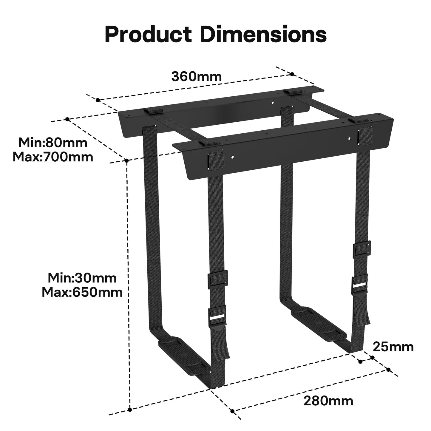 BONTEC Adjustable PC Mount, CPU Holder Under Desk, Adjustable Straps for up to 180CM - Under Desk PC Mount, Alloy Steel, desktop