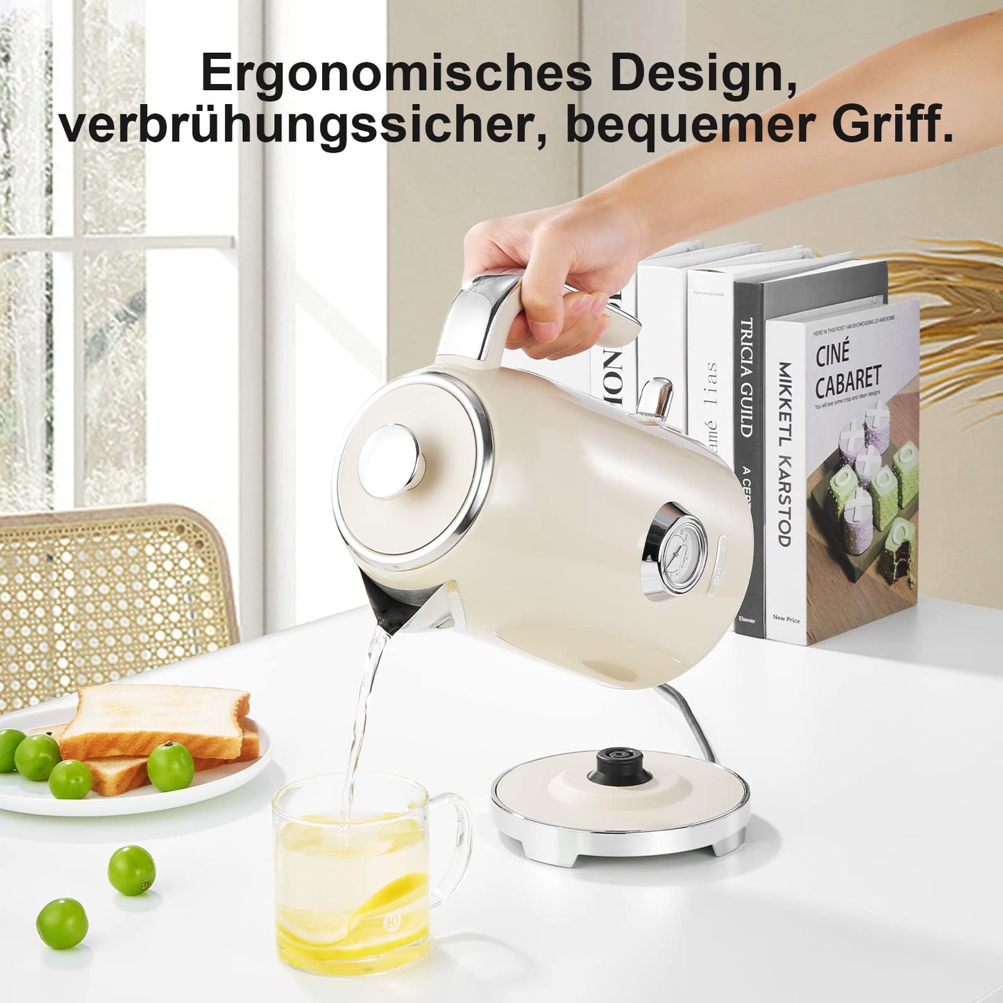 Wiltal Electric Kettle [1.7L, 2200W], Retro Cream, Stainless Steel, Toaster Kettle Set Retro (Water temperature display in retro design, external water level indicator) Vintage Tea Kettle.