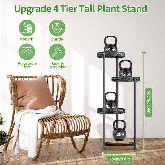 LyTaispuly 4-Tier Metal Plant Stand Flower Display Outdoor, Flower Stand Flower Shelf Flower Rack Tall, Flower Pot Stand Plant Stand for Indoor Outdoor Balcony Garden Living Room, Black