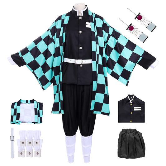 Alaiyaky Tanjirou cosplay costume with earrings, Tanjirou cosplay kimono Halloween jacket costume anime coat outfit for adults and kids (Small, Cosplay 1)