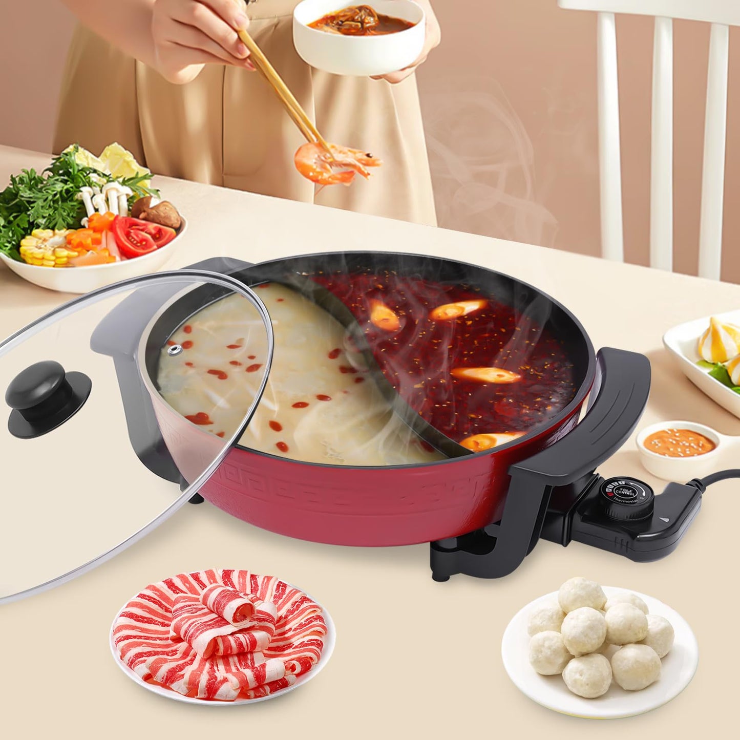 Electric Hotpot Pot with Divider - 6L Chinese Fire Pot for 8 People (1360W) | Electric Leak Protection, Energy Saving Function, Lid & Heating Base