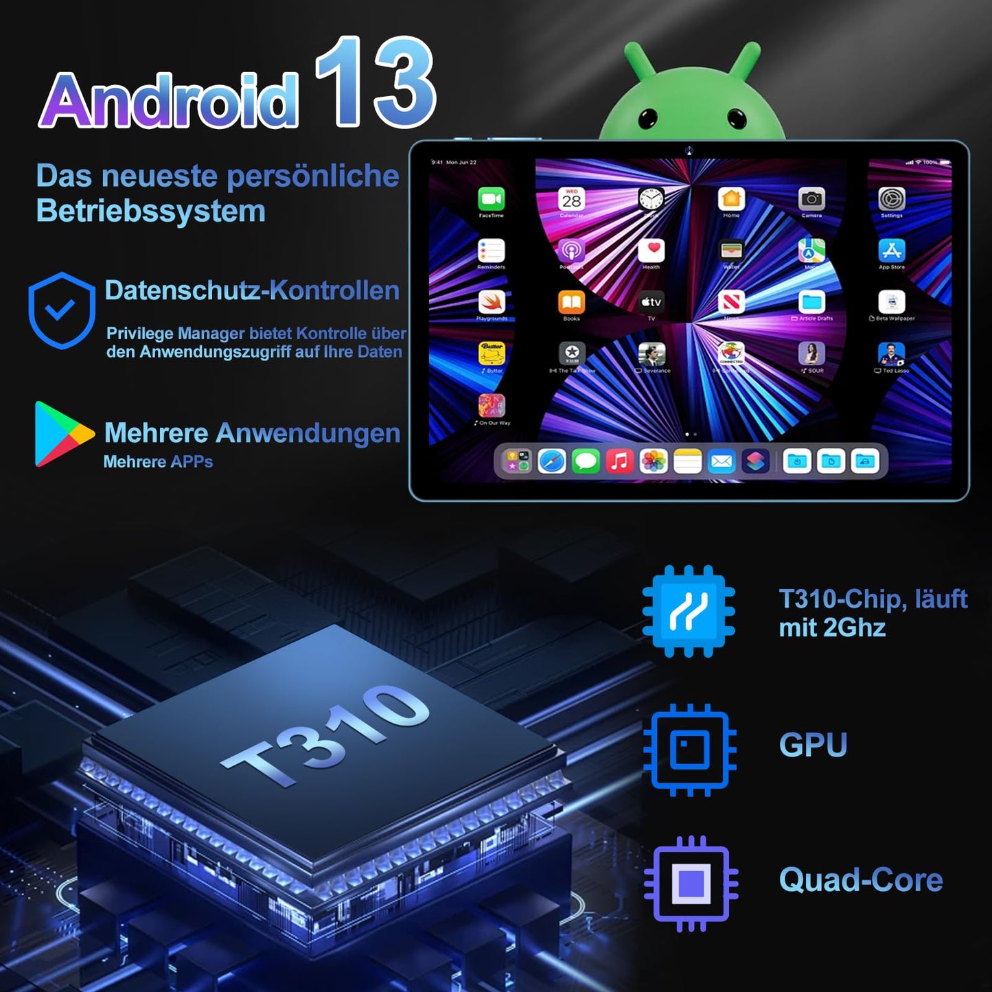 GOODTEL 2024 Latest 10 inch Android 13 Tablet with 12GB RAM+128GB ROM 1TB TF, 5G+2.4G WiFi, GPS, Bluetooth 5.0, 6000mAh, Dual Camera 8+5MP, Cast, OTG, Type C, with Case, Keyboard & Mouse (Blue)
