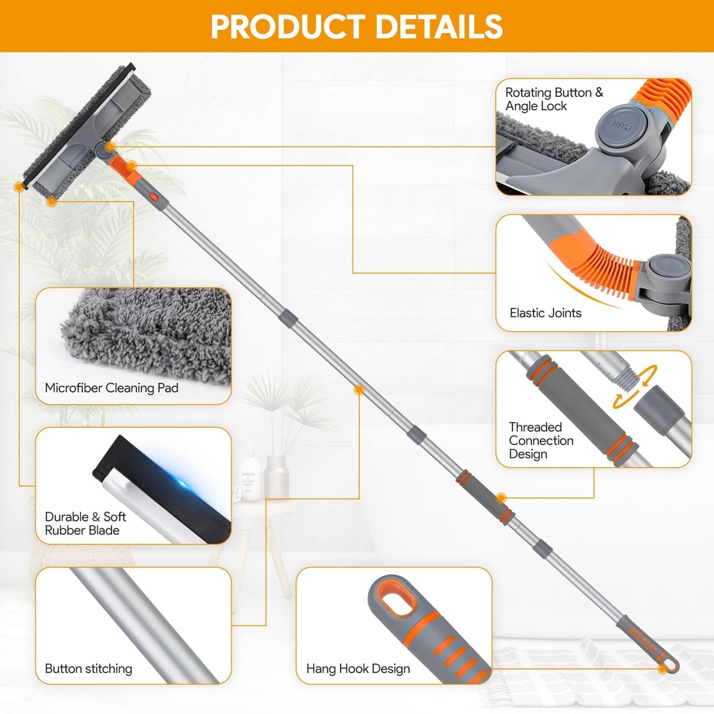 Window squeegee cleaner, 2-in-1 window cleaner cleaning set with extension pole, window washing tool with bendable head, glass cleaning tools for tall windows indoors and outdoors.