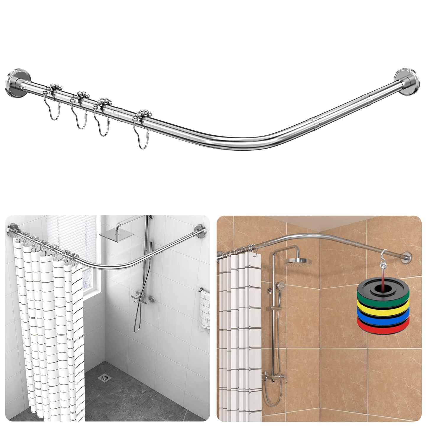 Shower curtain rod in L shape, made of 304 stainless steel, adjustable (70-100 cm × 70-100 cm), with 18 stainless steel rings, corner shower rod, suitable for both drillable and drill-free installation, for bathroom and bathtub.