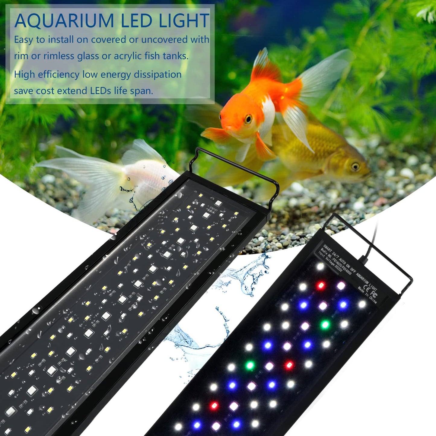 Aquarium LED lighting, 24/7 mode Dimmable 36W 2778 lumens aquarium light with timer for 90cm fish tank with adjustable bracket.