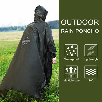Onewind rain poncho for men and women, lightweight waterproof raincoat with hood and adjustable straps for camping, hiking, trekking, OD green.