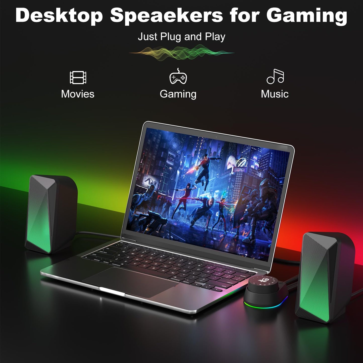 SOULION C30 PC Speakers for Monitor, Laptop, Gaming, Desktop Computer Bluetooth Soundbar with LED, 3.5mm Aux Input, USB-Powered, 1 Pair