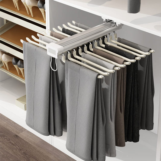 Pants hanger, extendable wardrobe pants pull-out, pants holder for closet, pants hanging, space-saving, beige.