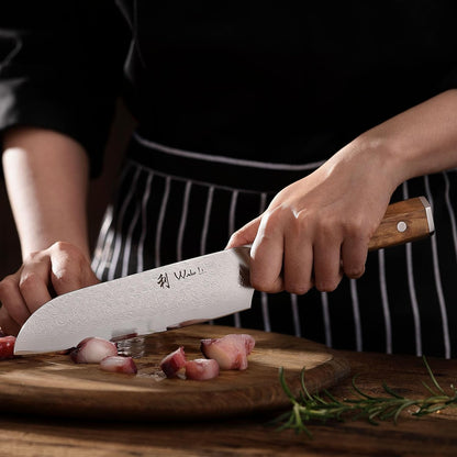 Wakoli Oribu kitchen knife with sharp 17.5 cm Damascus blade made of 67 layers of Damascus steel - Santoku knife with olive wood handle - vegetable knife - sharp knife in gift box - utility knife