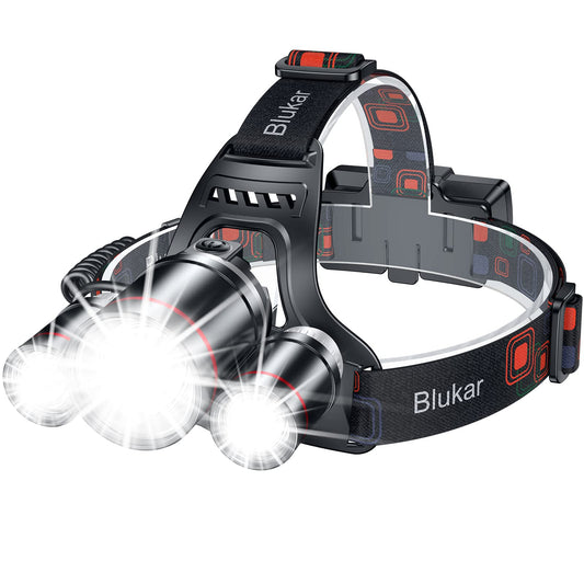 Blukar Rechargeable LED Headlamp, Super Bright 8000 Lumens Zoomable Headlight with 5 Light Modes & Red Light, IPX6 Waterproof, 90° Adjustable Headlamp for Camping, Fishing, Repairs, Emergencies, etc.