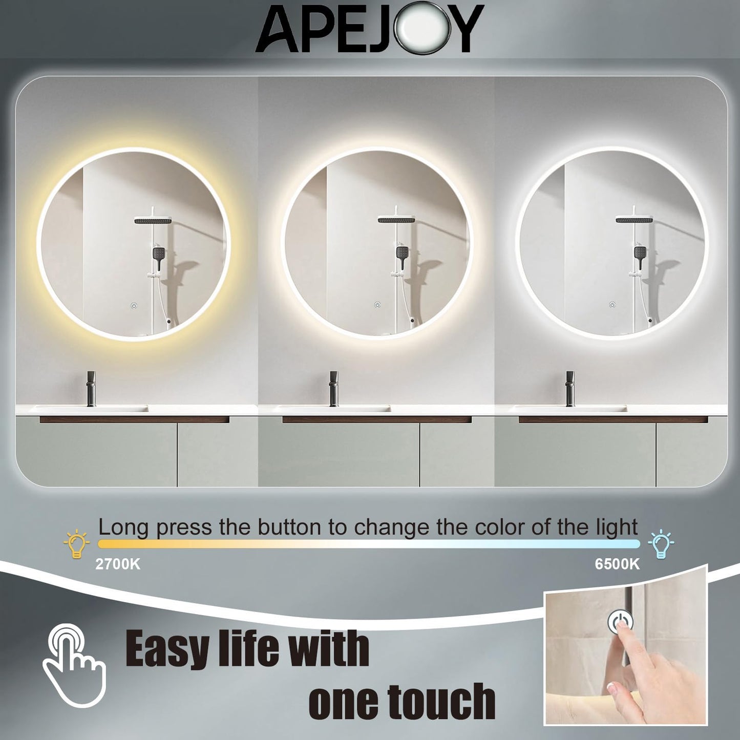 ApeJoy 80cm round bathroom mirror with LED lighting, wall mirror with touch switch light change 2700-6500K warm white-cool white-neutral memory function [Energy Class F]