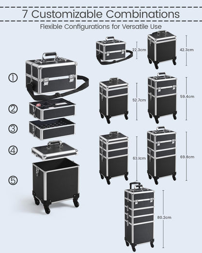 Yaheetech 5-in-1 hard shell cosmetic case, lockable makeup case, large hairdresser case with 360° rotating wheels, ample storage