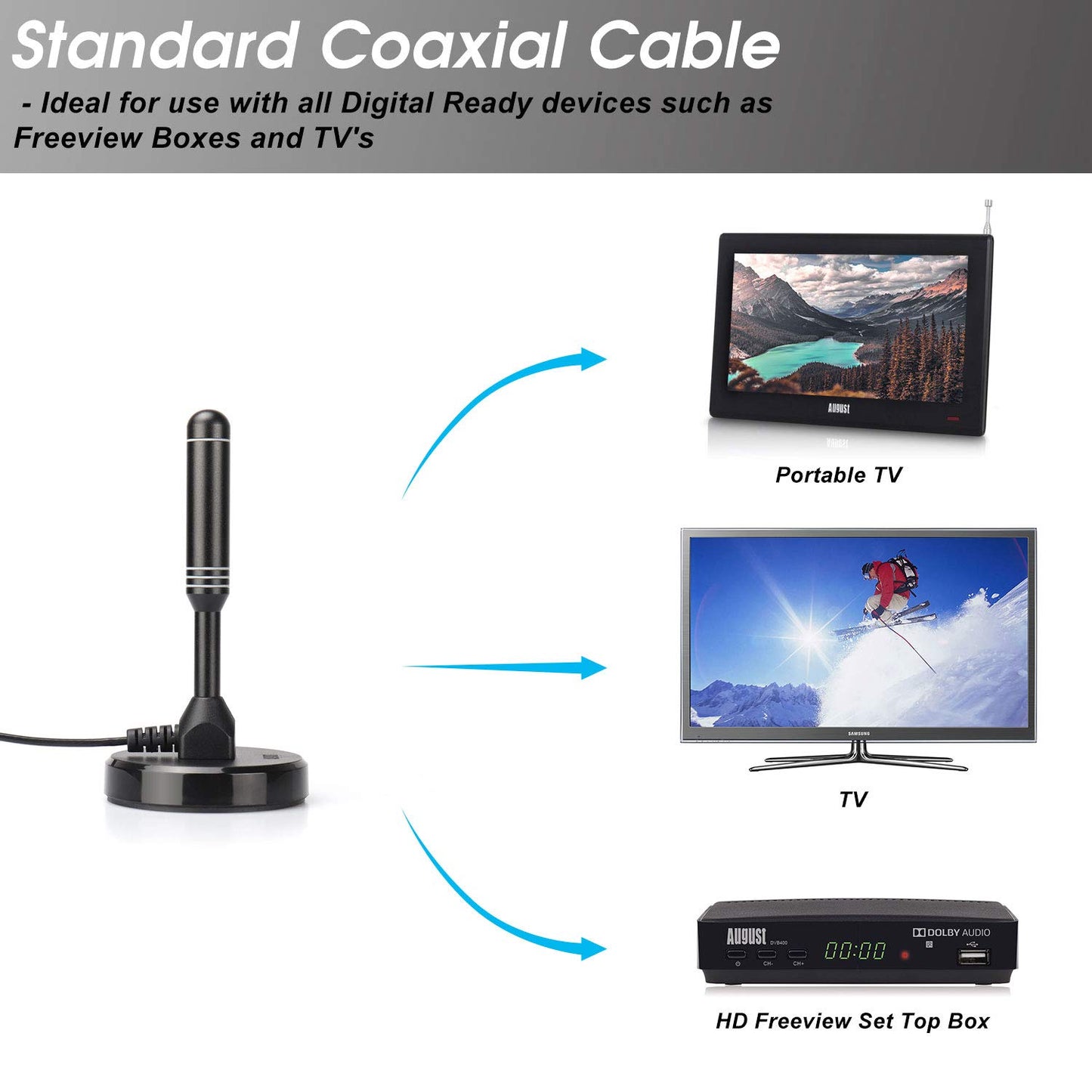 August DTA240 - DVB-T/DVB-T2 antenna - stronger rod antenna for digital television / Digital TV / DAB radio / DVB-T2 tuner stick / solid aluminum core for maximum signal quality - with magnetic base 2m cable