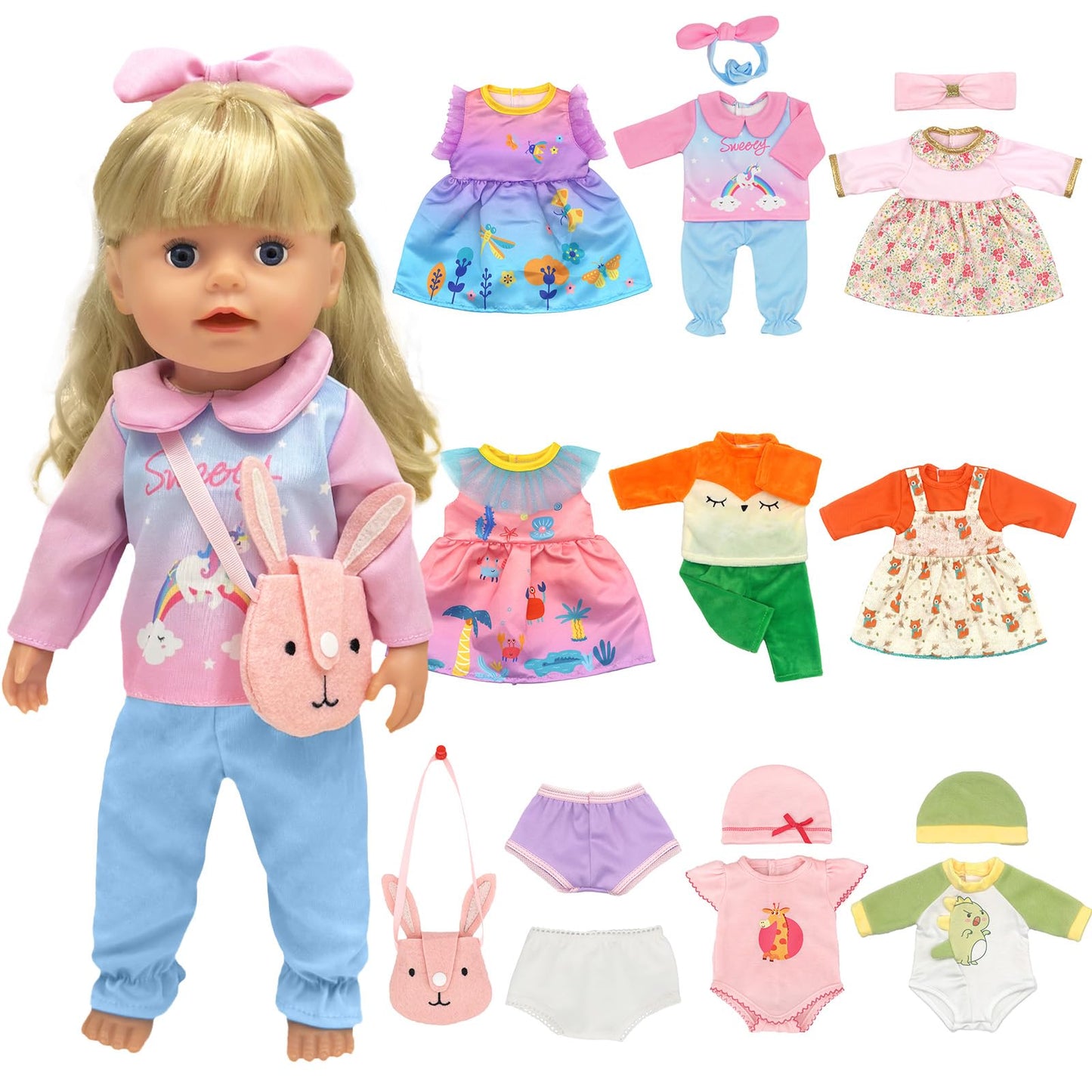 11 doll clothes set for 30-43 cm 13-18 inch, Cute doll clothing accessories newborn baby doll clothes set Include hats headbands underwear and bag dress outfits for baby doll