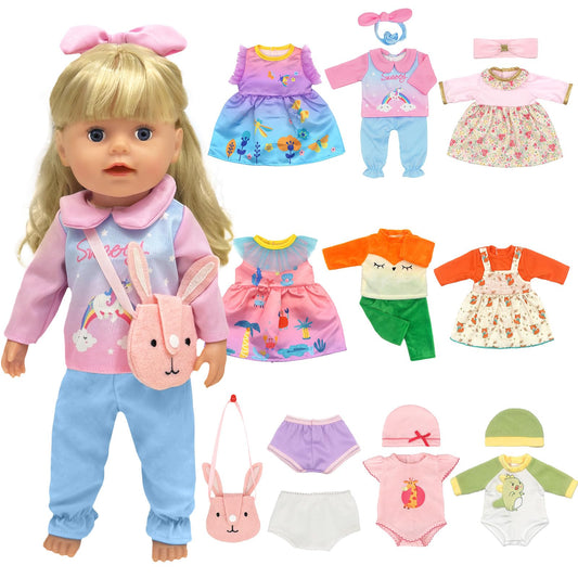 11 doll clothes set for 30-43 cm 13-18 inch, Cute doll clothing accessories newborn baby doll clothes set Include hats headbands underwear and bag dress outfits for baby doll