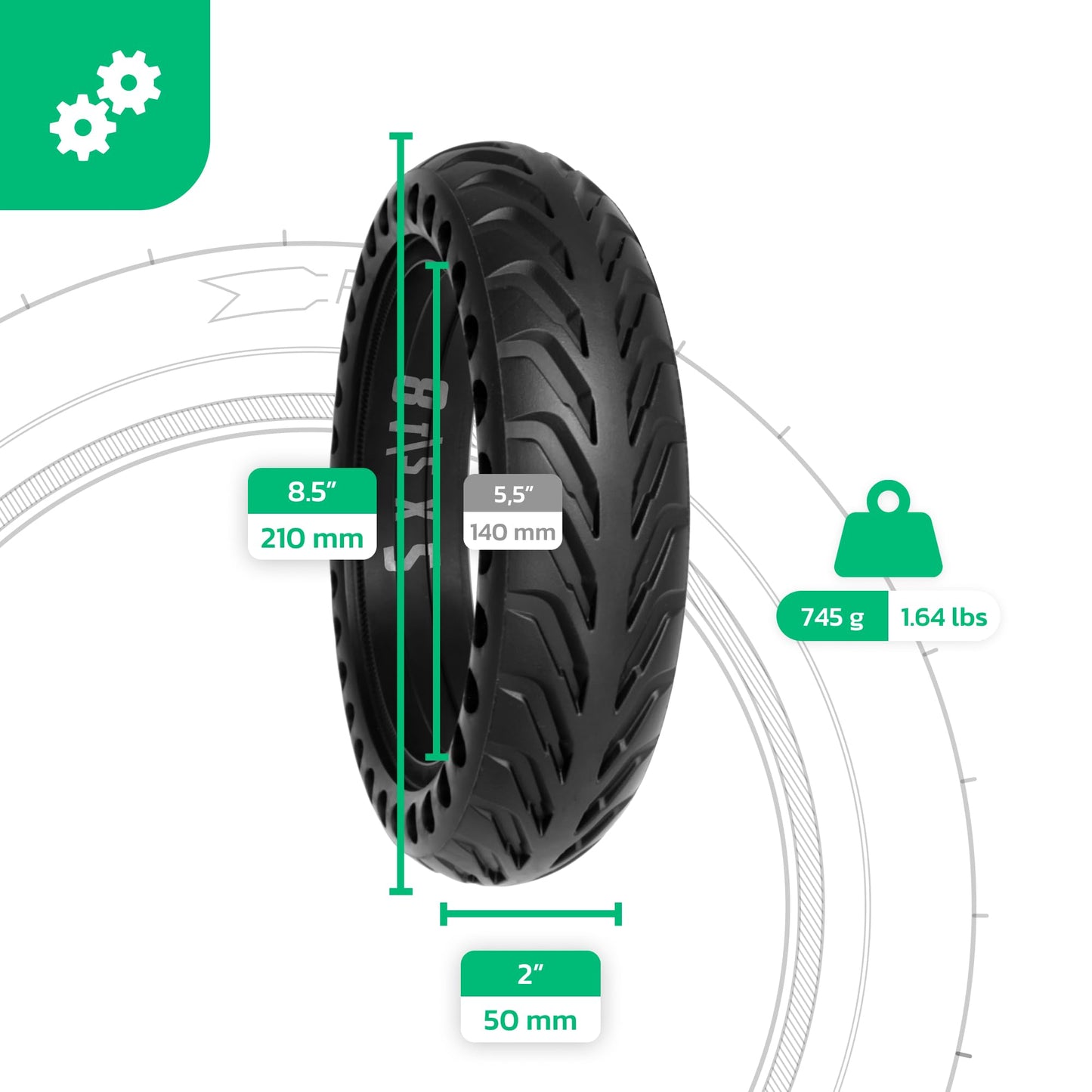 MOOVMOOV Solid Tires 8 1/2 x 2 for electric scooters - 2x Puncture-proof escooter tires 8.5 inches - Compatible with Xiaomi models and 8.5-inch wheels - e scooter accessory solid rubber tires MPK85