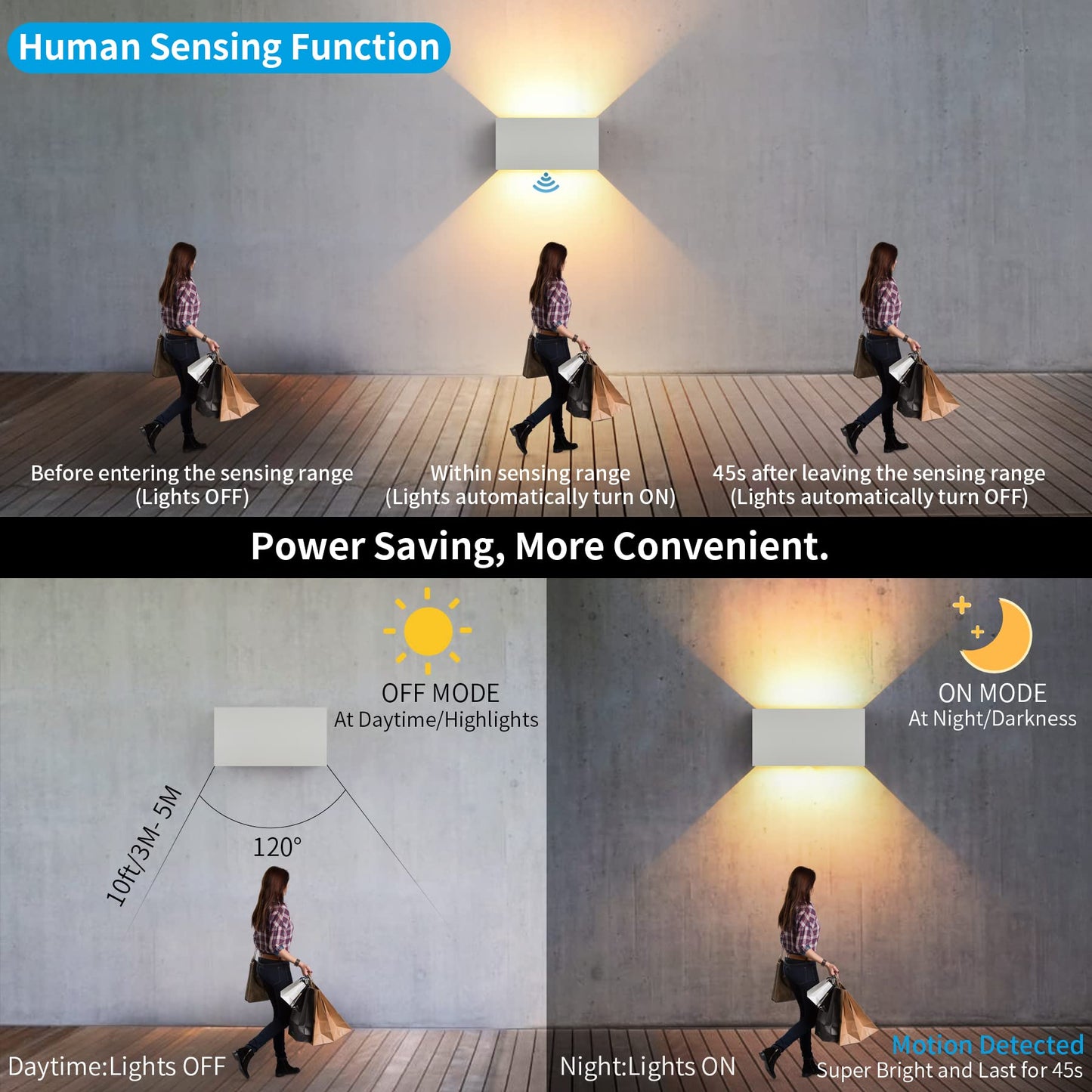 LED wall light for indoor/outdoor use with motion sensor, 24W wall lamp, IP65 waterproof outdoor wall light 3000K warm white wall lighting, modern outdoor light with adjustable up-down beam angle, white