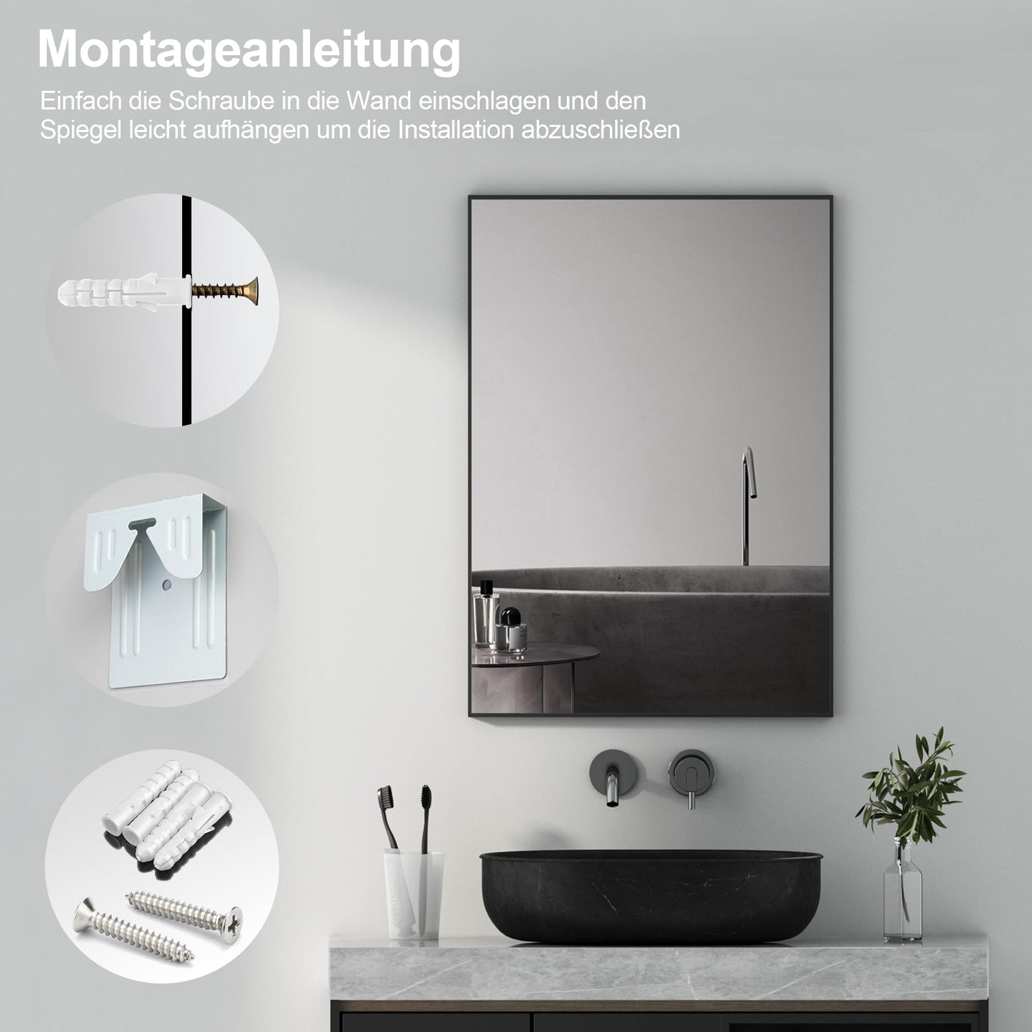 Goezes Black Mirror 50x70cm Bathroom Mirror Black Metal Frame Decorative Bathroom Wall Mirror for Bathroom, Living Room, Guest WC