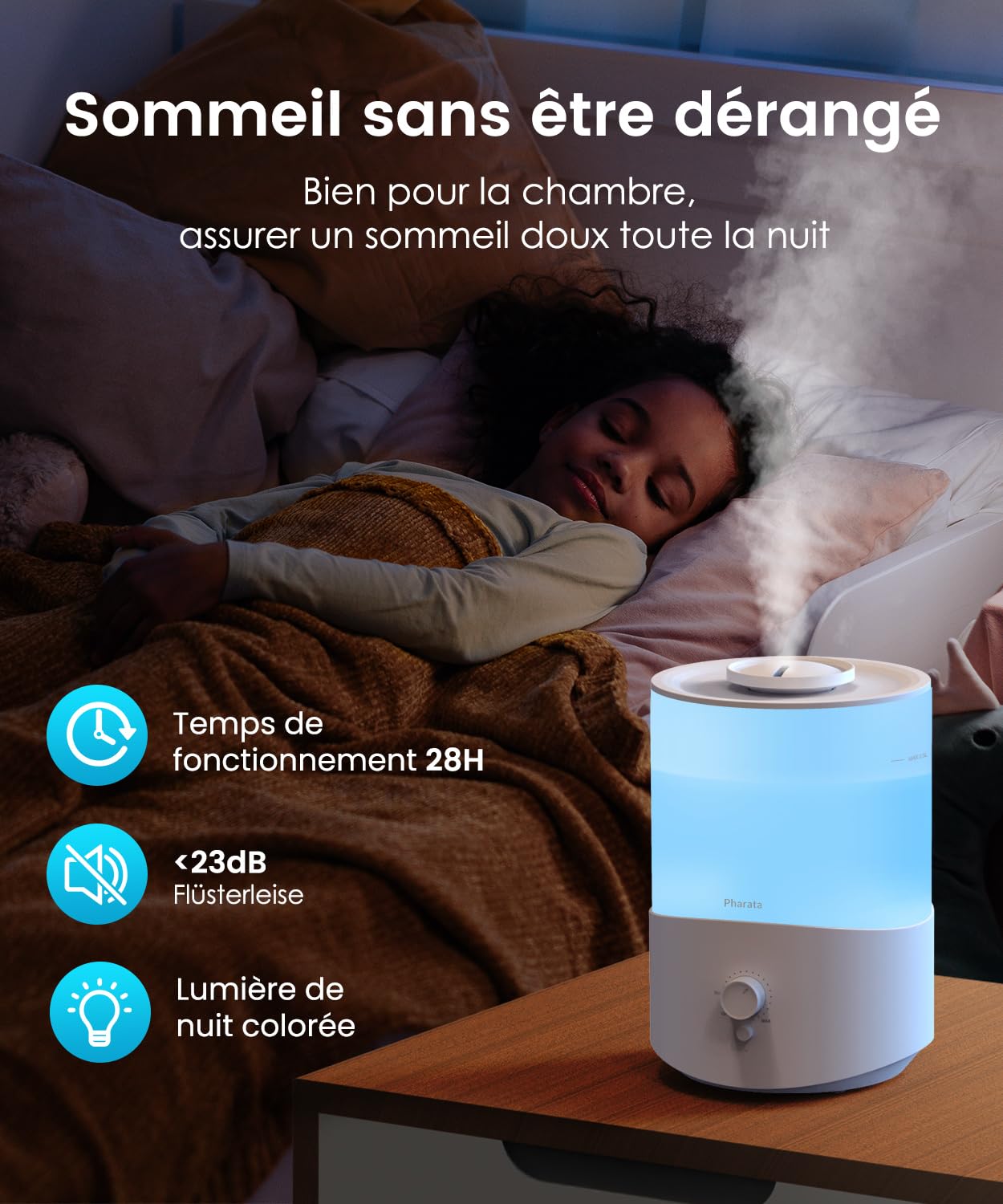 Pharata humidifier for bedroom, 2.5L diffuser room humidifier for nursery up to 28H, top-fill small ultrasonic room humidifier for baby plants with 7-color night light, BPA-free.
