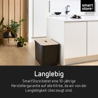 SmartStore Recycling Trash Can - 76L large kitchen bin with wooden lid, 3 x 13L bucket inserts, 2 x small lids - sturdy recycling bins for the kitchen - black kitchen bin (L x W x H) 57 x