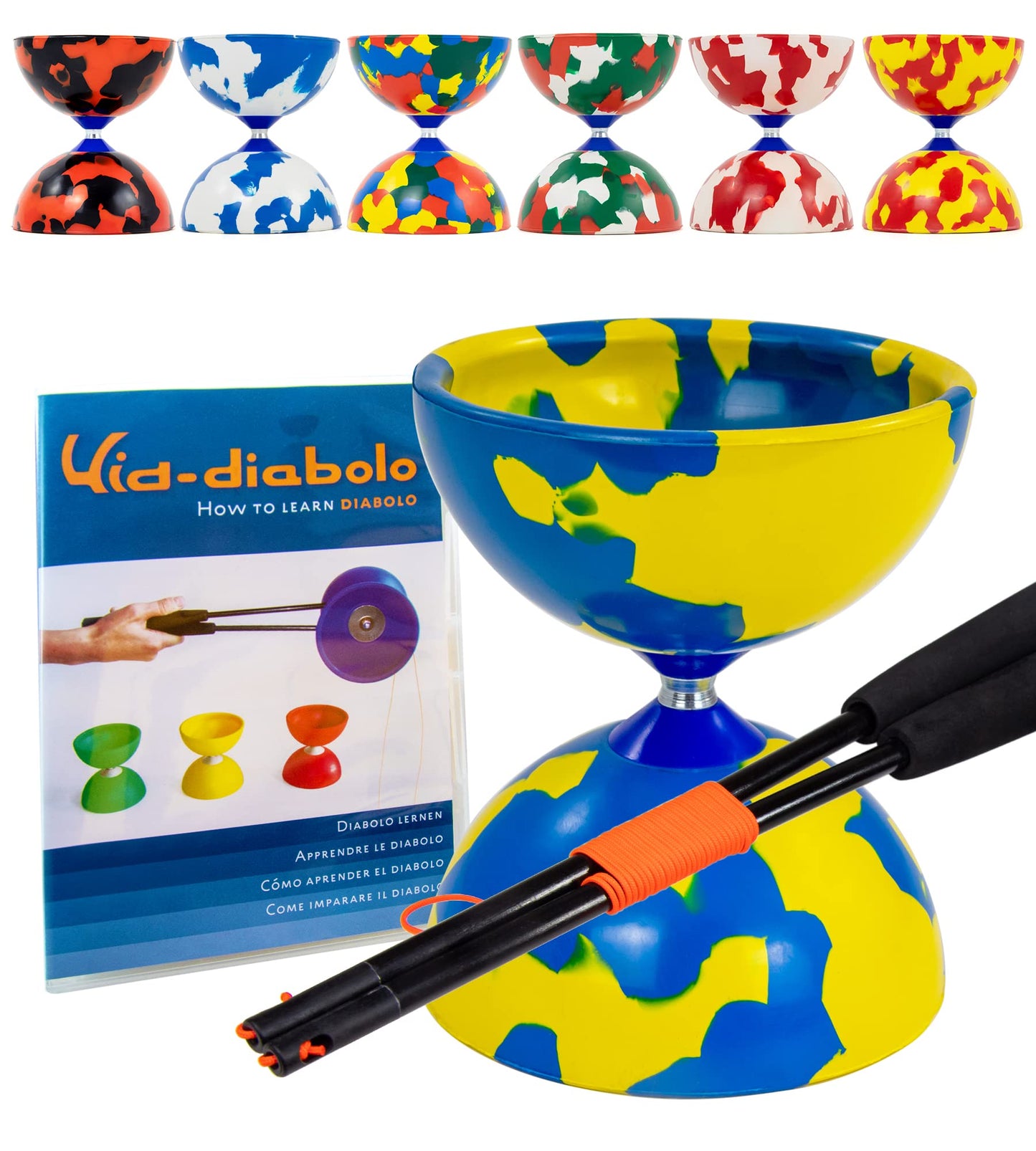 Juggle Dream Jester Diabolo Set - Fixed axle professional diabolo with Superglass handsticks, online learning video - juggling toy (Blue/Yellow)