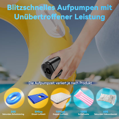 Portable pump, 5 multi-function nozzles for quick manual inflation of air mattresses, swim rings, pools, and inflatable toys - ideal for camping & outdoor use.