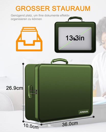 JUNDUN Document Organizer, Fireproof Document Bag with Lock, Document Storage Box with 7 Compartments, File Organizer, Portable Briefcase for Important Documents, File (Green)