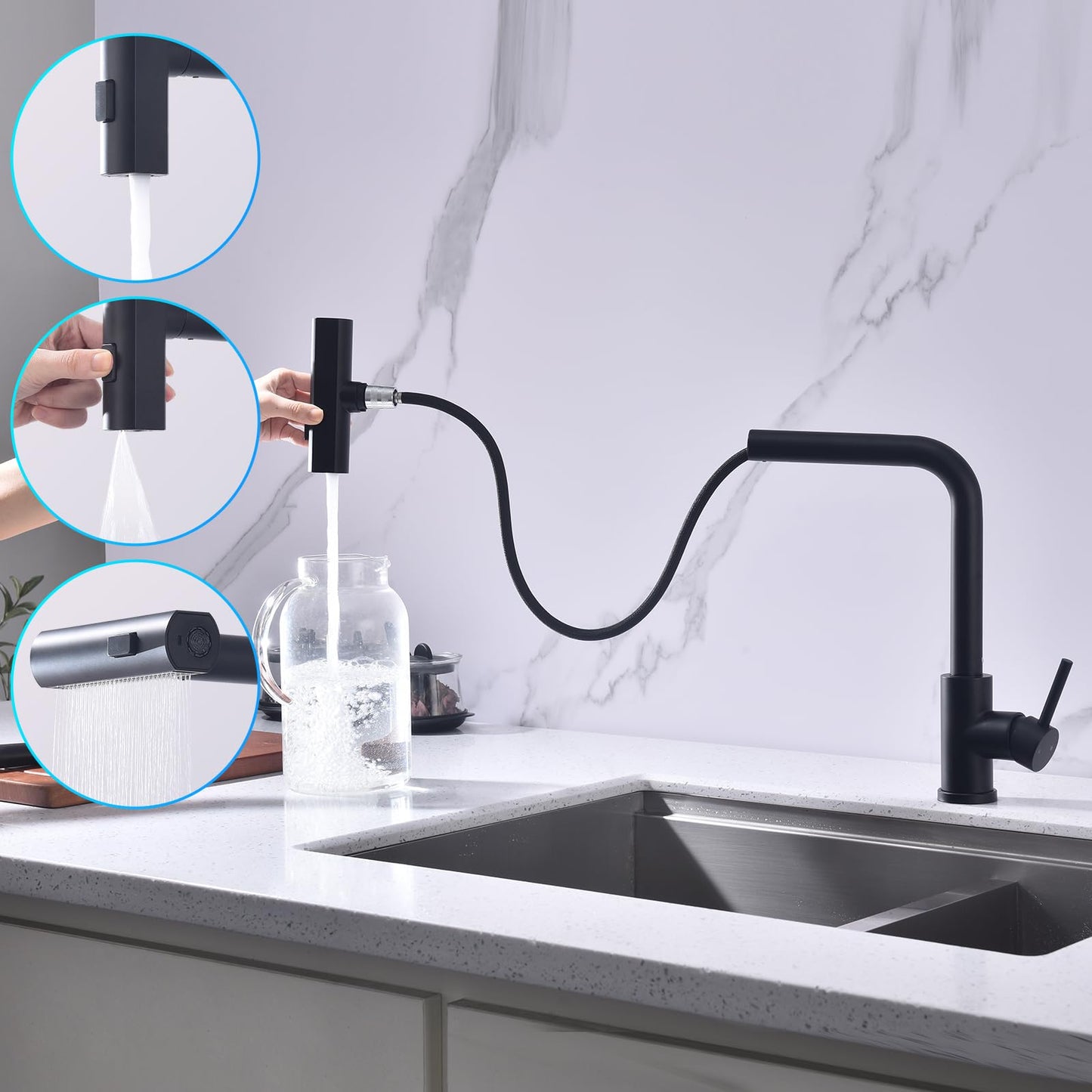 HOMELODY Black Kitchen Faucet, Pull Down Kitchen Faucet with 3 Spray Modes, Sink Faucet with Sprayer, Kitchen Faucet 360° Rotatable, Stainless Steel Mixer Tap.