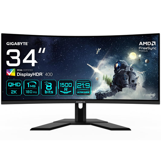 Gigabyte G34WQCP 34" WQHD Curved Gaming Monitor - 3440 x 1440, VA panel, 180Hz refresh rate, 1ms response time, 1500R curvature, 350 cd/m² brightness, FreeSync Premium, DisplayHDR 400, HDMI 2.0, DisplayPort 1.4