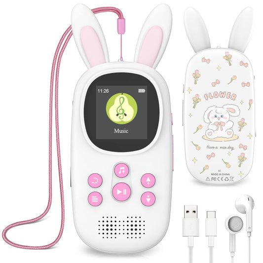 32GB Bluetooth MP3 Player for Kids, Cute Bunny Children's Music MP3 Player with Headphones & Speaker, MP3 Player with FM Radio, Recording, Alarm, Pedometer, Stopwatch, Supports up to 128GB.