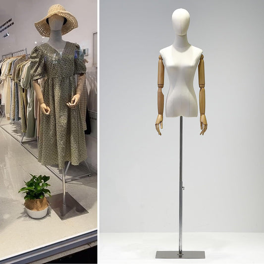 Female mannequin torso with wooden arms, adjustable height 140-190cm, perfect for displaying women's clothing. Color: Silver, Size: M.