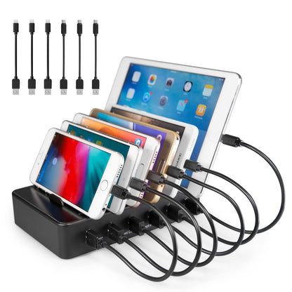 TechDot Mobile USB Charging Station Charging Station Multiple Devices 6 Port USB Multi Charging Station for Mobile Phones Smartphones Tablets (with 3 Micro USB Cables and 3 USB C Cables, Black)