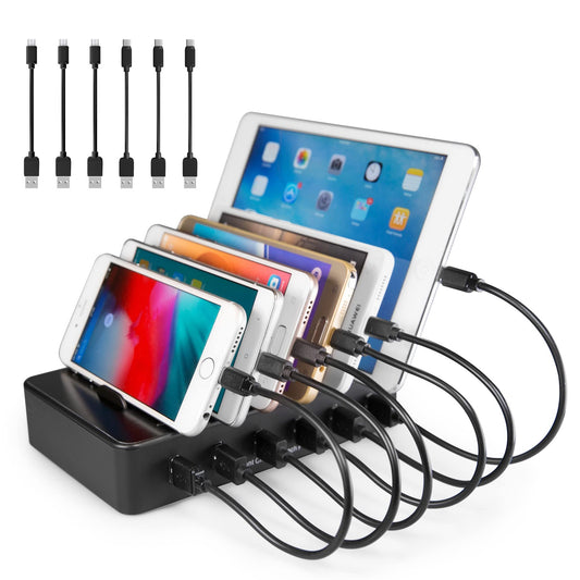 TechDot Mobile USB Charging Station Charging Station Multiple Devices 6 Port USB Multi Charging Station for Mobile Phones Smartphones Tablets (with 3 Micro USB Cables and 3 USB C Cables, Black)