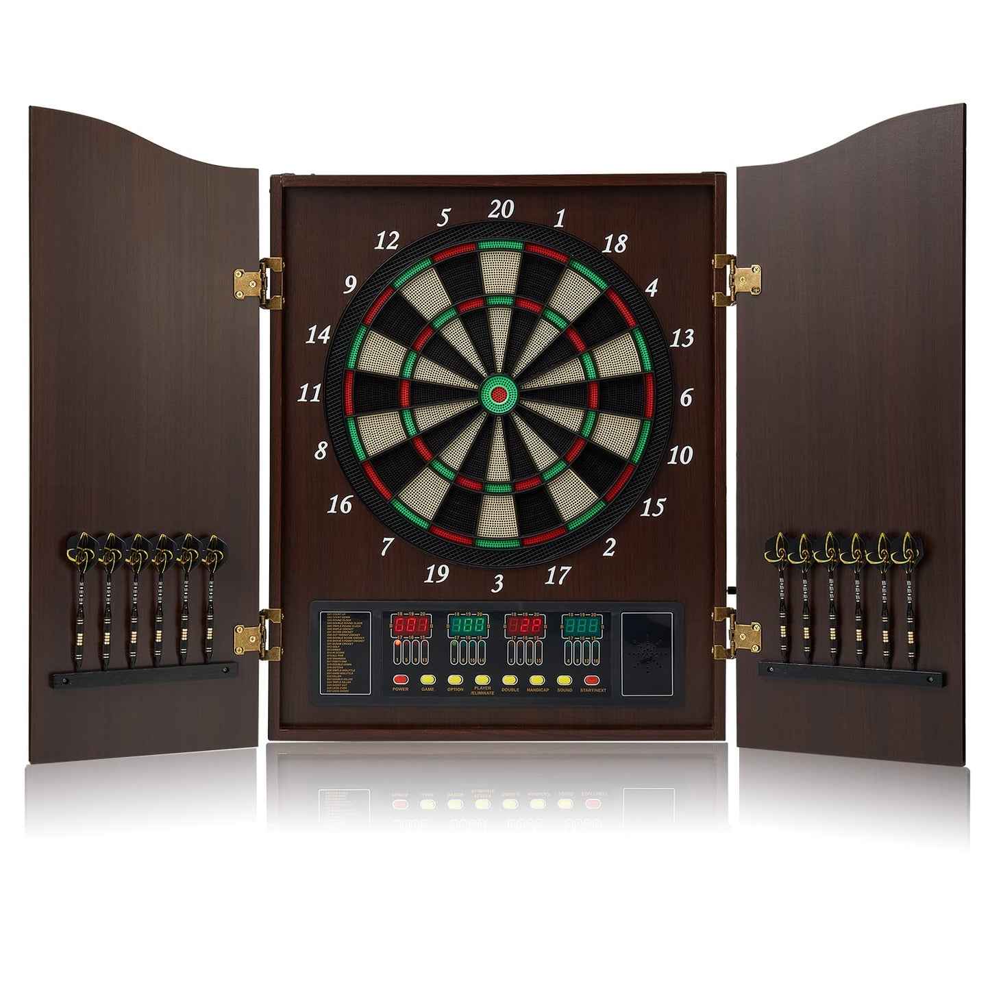 Brovamo dart board, Decorative dartboard cabinet set [12*soft tip darts], Electronic dartboard, Wooden cabinet doors with integrated scoreboard [Coffee]