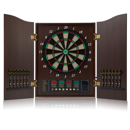 Brovamo dart board, Decorative dartboard cabinet set [12*soft tip darts], Electronic dartboard, Wooden cabinet doors with integrated scoreboard [Coffee]