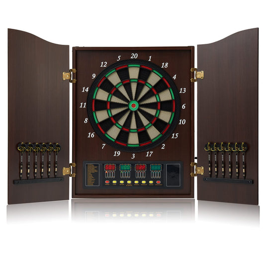 Brovamo dart board, Decorative dartboard cabinet set [12*soft tip darts], Electronic dartboard, Wooden cabinet doors with integrated scoreboard [Coffee]