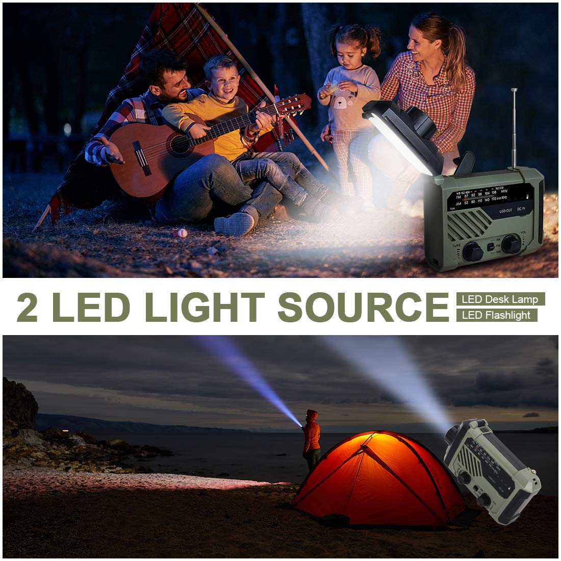LAMA Solar Radio AM/FM crank radio emergency radio 2000mAh power bank USB rechargeable with hand crank dynamo LED lamp reading light SOS alarm for outdoor hiking camping survival travel emergency army green