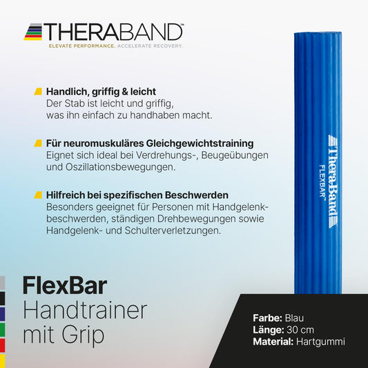 TheraBand FlexBar Hand Exerciser | Forearm Trainer for Rehabilitation & Grip Strength | Training Device for Hand, Wrist & Forearm | Fitness Accessory | Hand Muscle Training | Flexible Exercise Bar (BLUE)