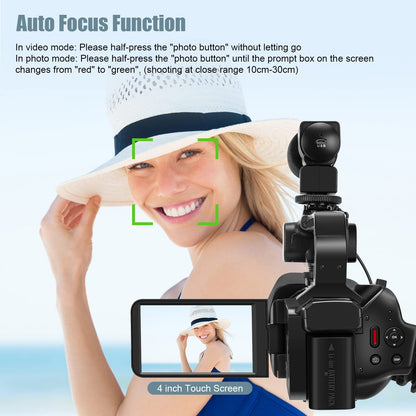 4K video camera camcorder 60FPS 64MP 18X digital zoom auto focus vlogging camera for YouTube, 4.0" touch screen HD WiFi video camera with 4500mAh battery, 64G SD card, stabilizer, microphone, and remote.