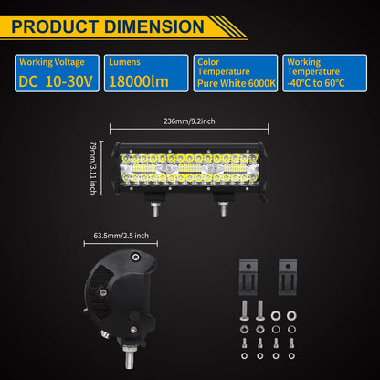 Willpower 9 inch 180W Led Work Light Bar 12V 24V Led Headlight Waterproof Floodlight Spot Combo for Offroad Car Tractor Additional Headlight Reverse Light with Wiring Harness