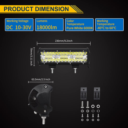 Willpower 9 inch 180W Led Work Light Bar 12V 24V Led Headlight Waterproof Floodlight Spot Combo for Offroad Car Tractor Additional Headlight Reverse Light with Wiring Harness