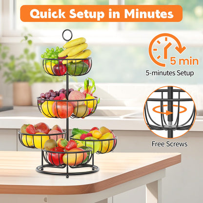 PouHenier.jh 5 floors Black Fruit Basket, Large Multi-layer Kitchen Vegetable Basket, High Metal Fruit Vegetable Stand Storage Fruit Rack, Modern Sturdy Square Fruit Container, Easy Setup