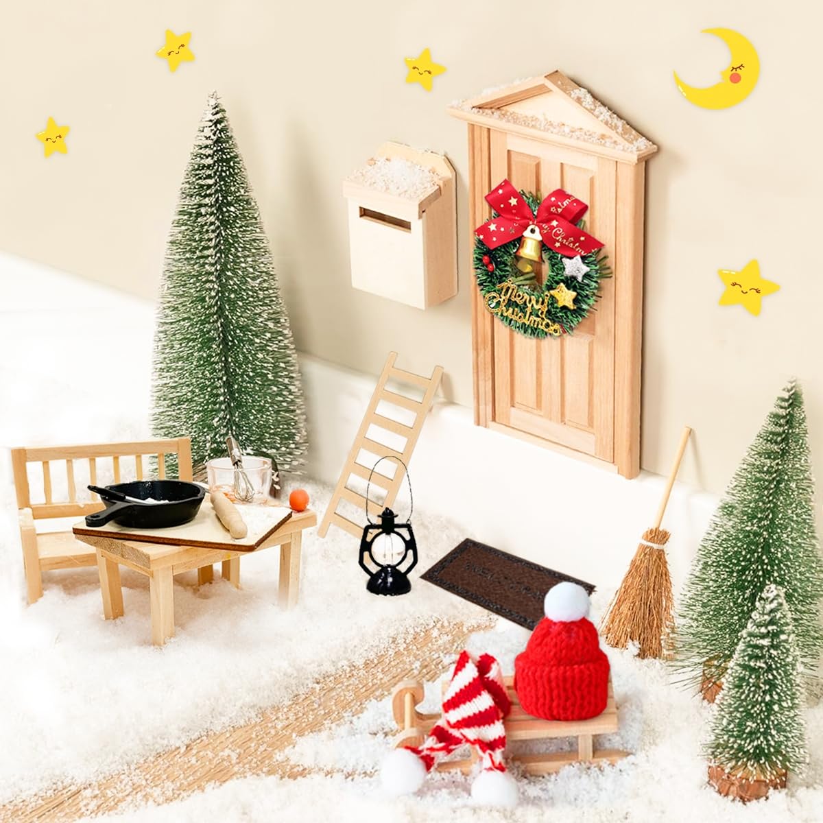 Elf door set - 46 PCS elf accessories with light, elf construction site accessories, elf door complete set with baking set, interactive card advent calendar, DIY gift for children.