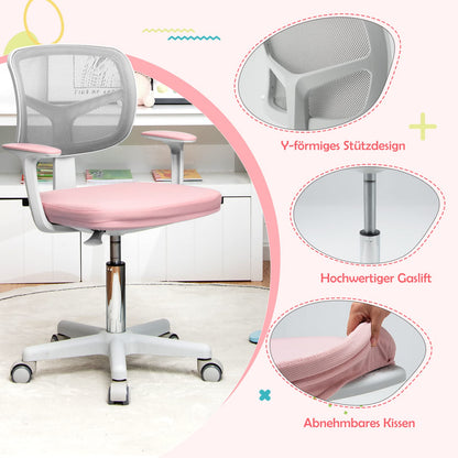 COSTWAY 360° Rotatable Kids Desk Chair, 80-91.5 cm Height Adjustable Youth Chair with Backrest & Armrests, Computer Chair with 5 Wheels for Children aged 3-10 years old (Pink)